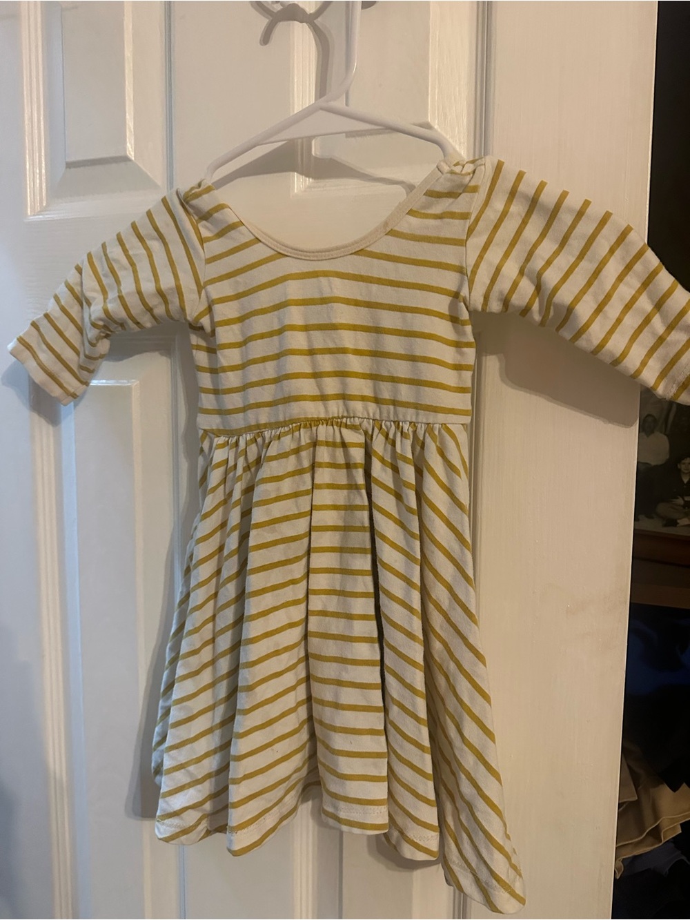 Girls Yellow Stripe Cotton Casual Long-Sleeve Dress